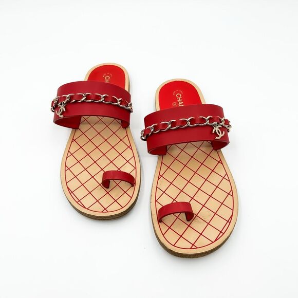 Chanel CC Logo Sandals Chain Leather Flats Size Eu 38.5C, US 7.5-8 - Picture 3 of 14